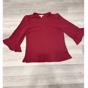 Counterparts Blouse Womens Small Burgundy Ruffle Neck Bell Sleeve